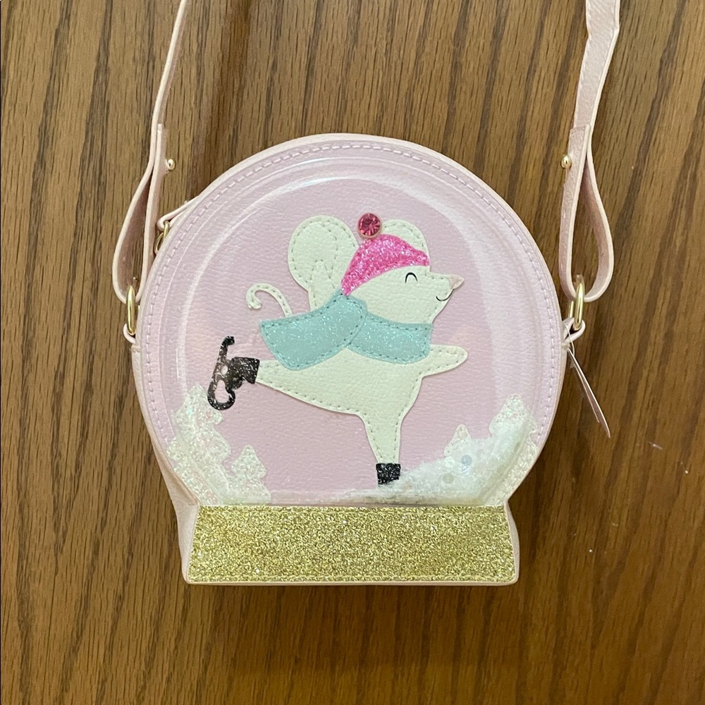 Bath & Body Works NWT Ice Skating Pink Mouse Snow Globe Bag with Gold Base